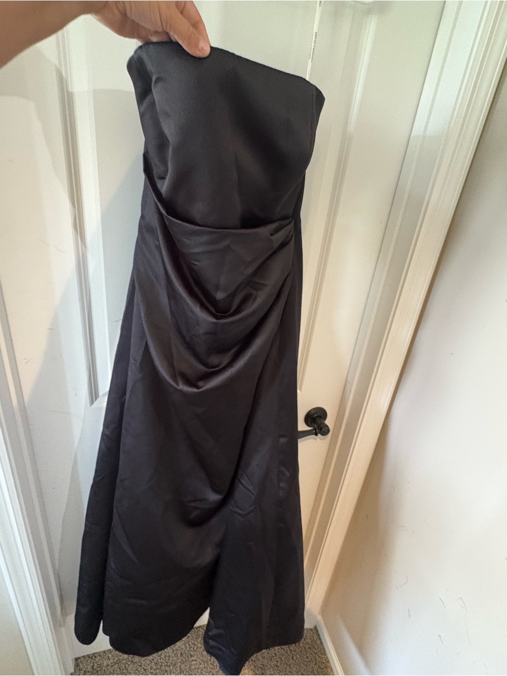 David's Bridal Black Strapless Draped Satin Gown